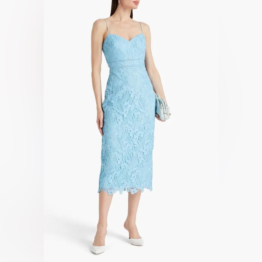 Monique Lhuillier Serenity Macrame Lace Sky Blue Lace Midi Dress